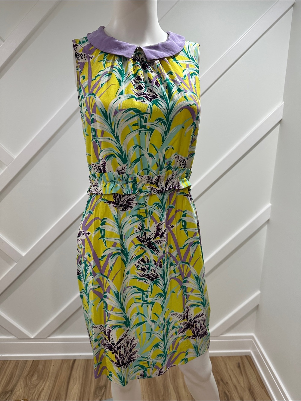 New Kate Spade 100% Silk Sleeveless Yellow Floral Dress with Lavender Collar